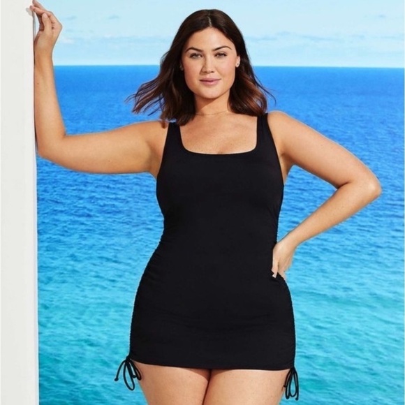 Lands' End UPF 50 Adjustable One-Piece Swim Dress black plus size 18 W NWT rich - Picture 1 of 13